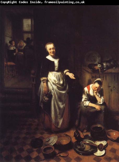 Nicolas Maes Interior with a Sleeping Maid and Her Mistress